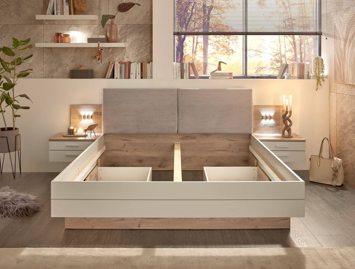 Bettanlage Moledo Eiche Viking Nachbildung hellgrau B/H/T: ca. 296x102x216 cm Liegefläche B/L: ca. 180x200 cm