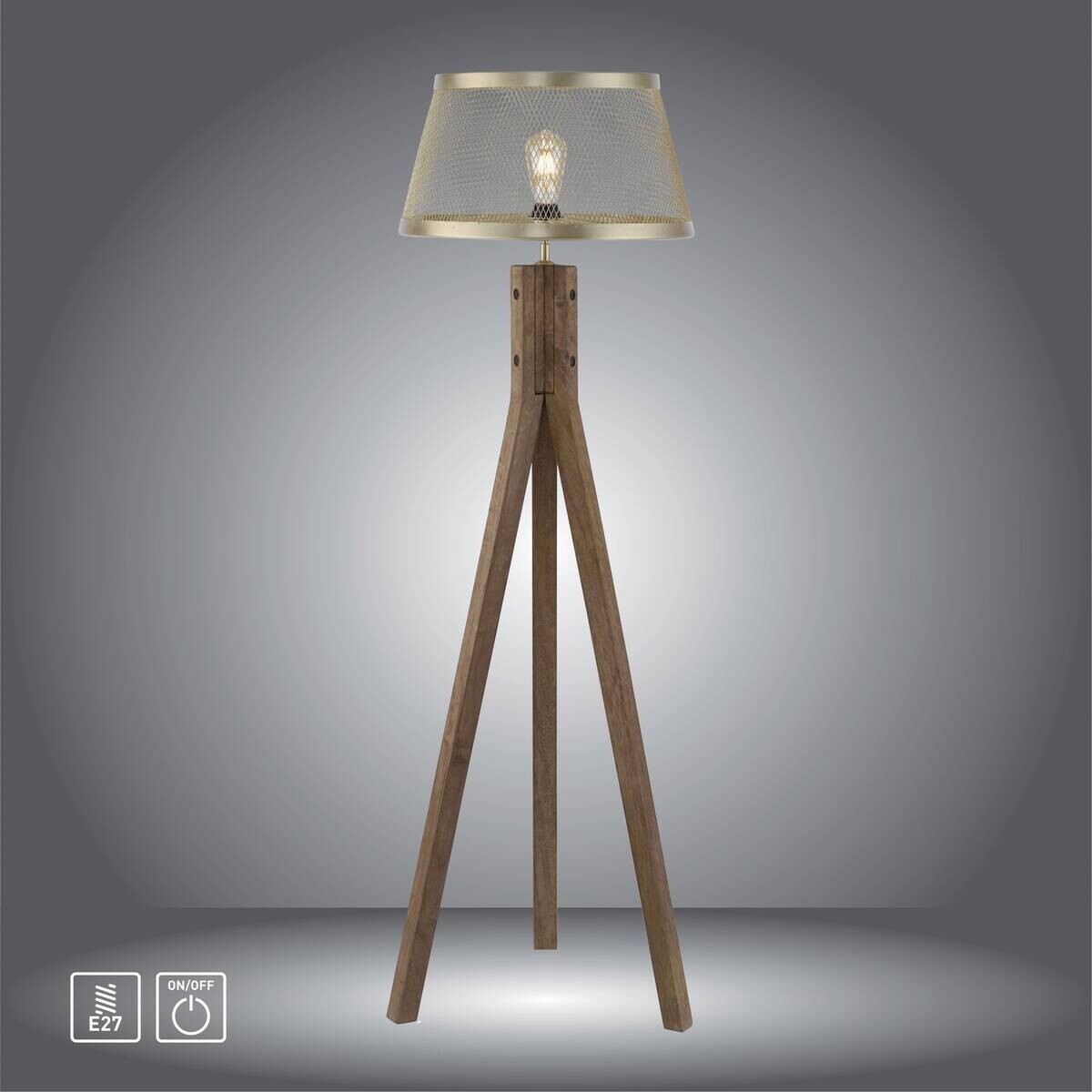 Stehlampe Frederik messing Holz B/H/L: ca. 46x145x46 cm E27 1 Brennstellen