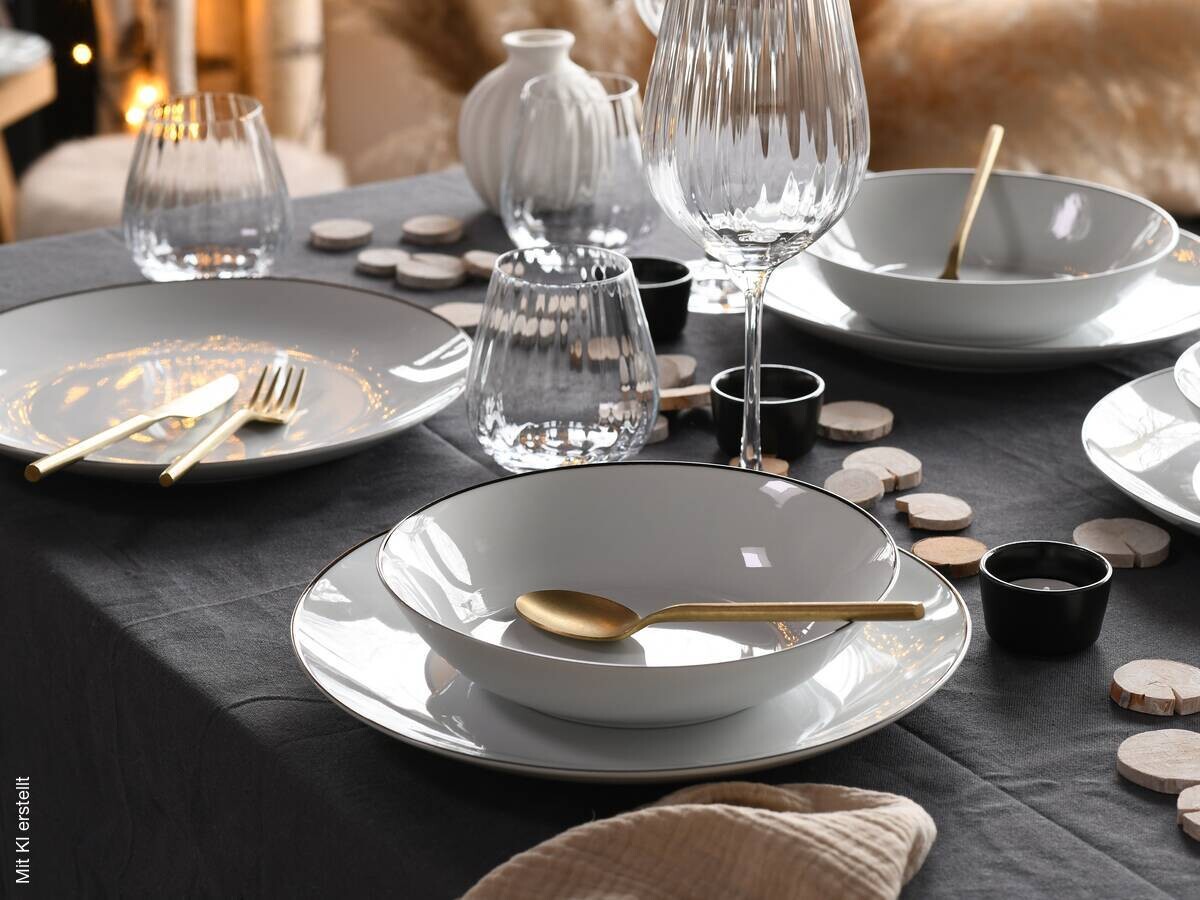 CreaTable Tafelservice Luna Black Line weiß Porzellan 18 tlg.