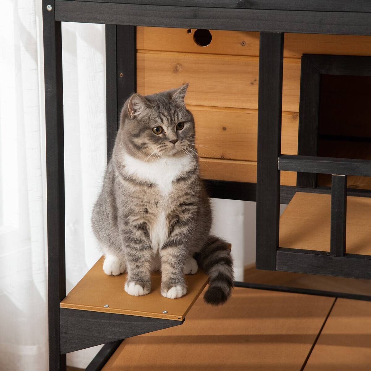 PawHut Katzenhaus schwarz Holz B/H/L: ca. 75x137x75,5 cm