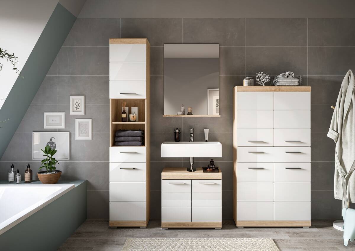 Badezimmer-Set Lambada Eiche Sonoma Nachbildung weiß Hochglanz B/H/T: ca. 186x191x34 cm