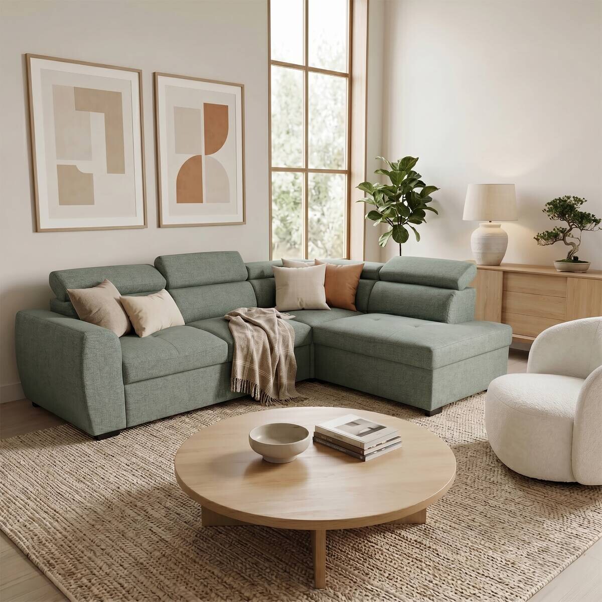 Ecksofa mit Bettfunktion und Bettkasten salbei Webstoff B/H/T: ca. 245x184x87 cm
