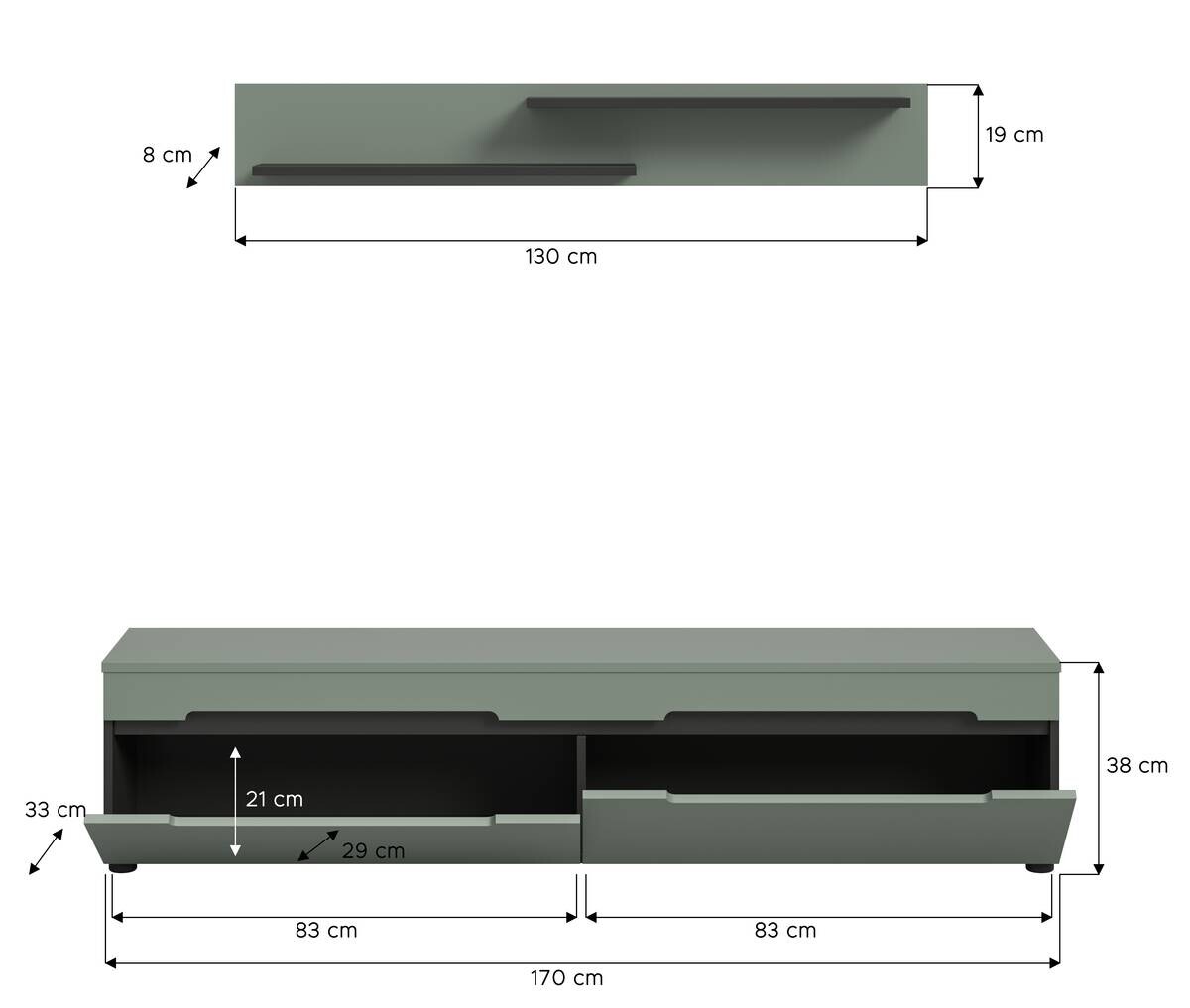 TV-Lowboard Canu grün basaltgrau Nachbildung B/H/T: ca. 170x38x33 cm