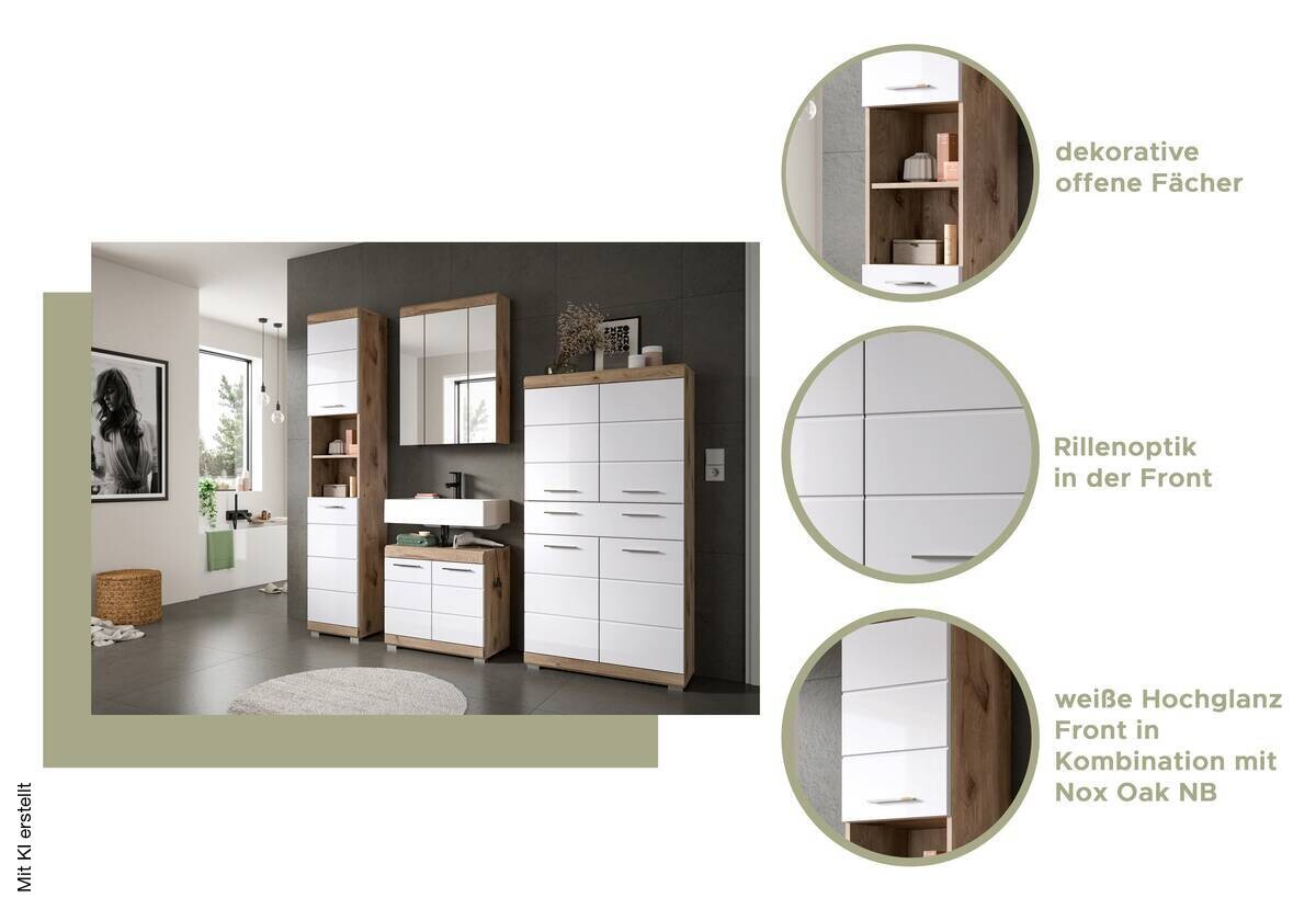 Waschbeckenunterschrank Wave Oak Nachbildung weiß Hochglanz B/H/T: ca. 60x56x34 cm