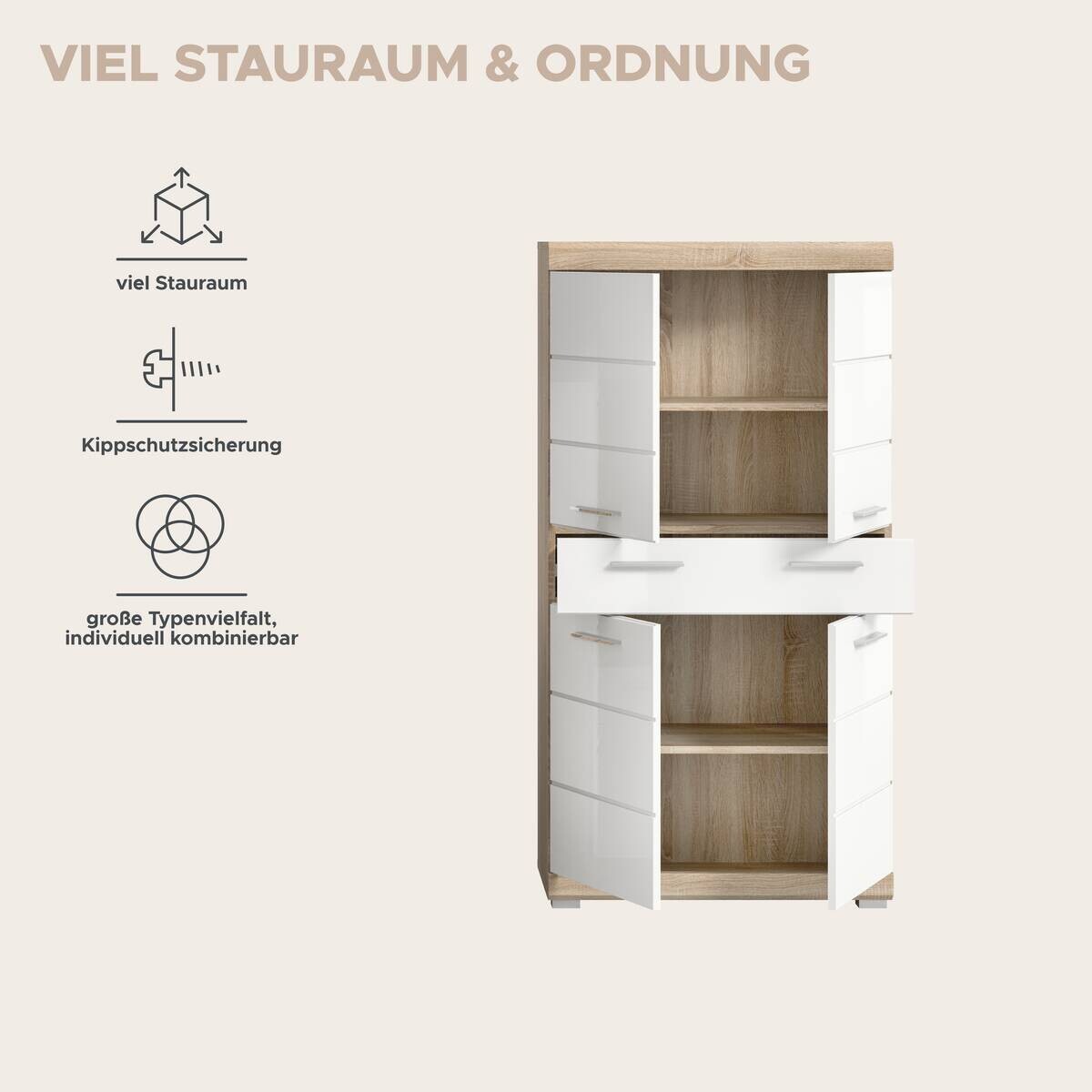 Midischrank Lambada Eiche Sonoma Nachbildung weiß Hochglanz B/H/T: ca. 74x141x31 cm