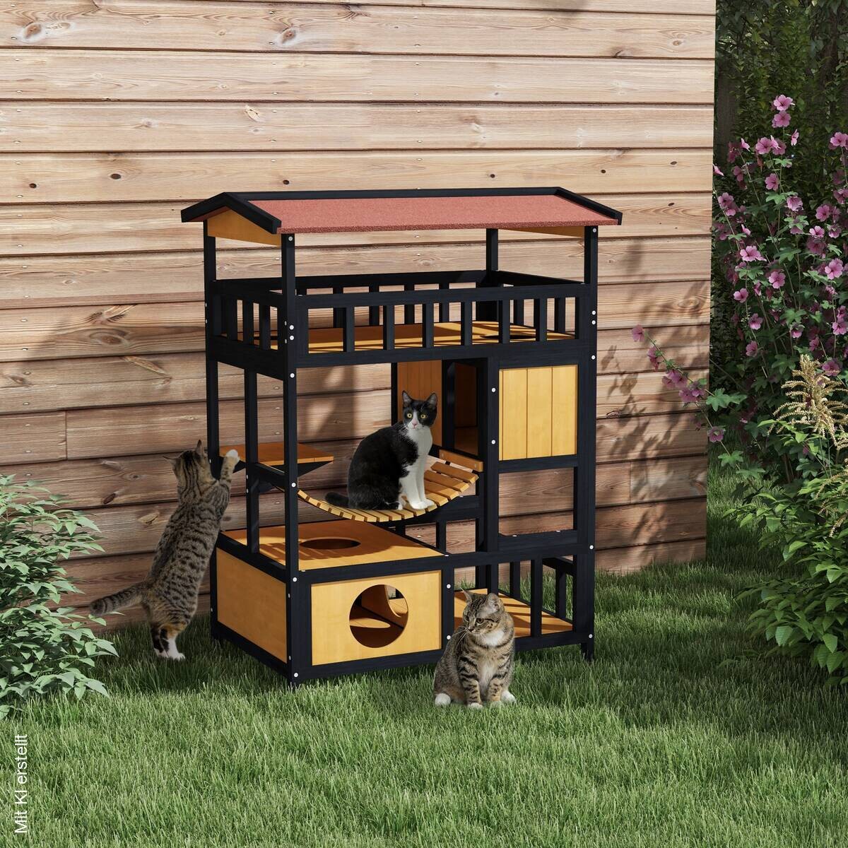 PawHut Katzenhaus gelb Kiefer B/H/L: ca. 60x116x84 cm