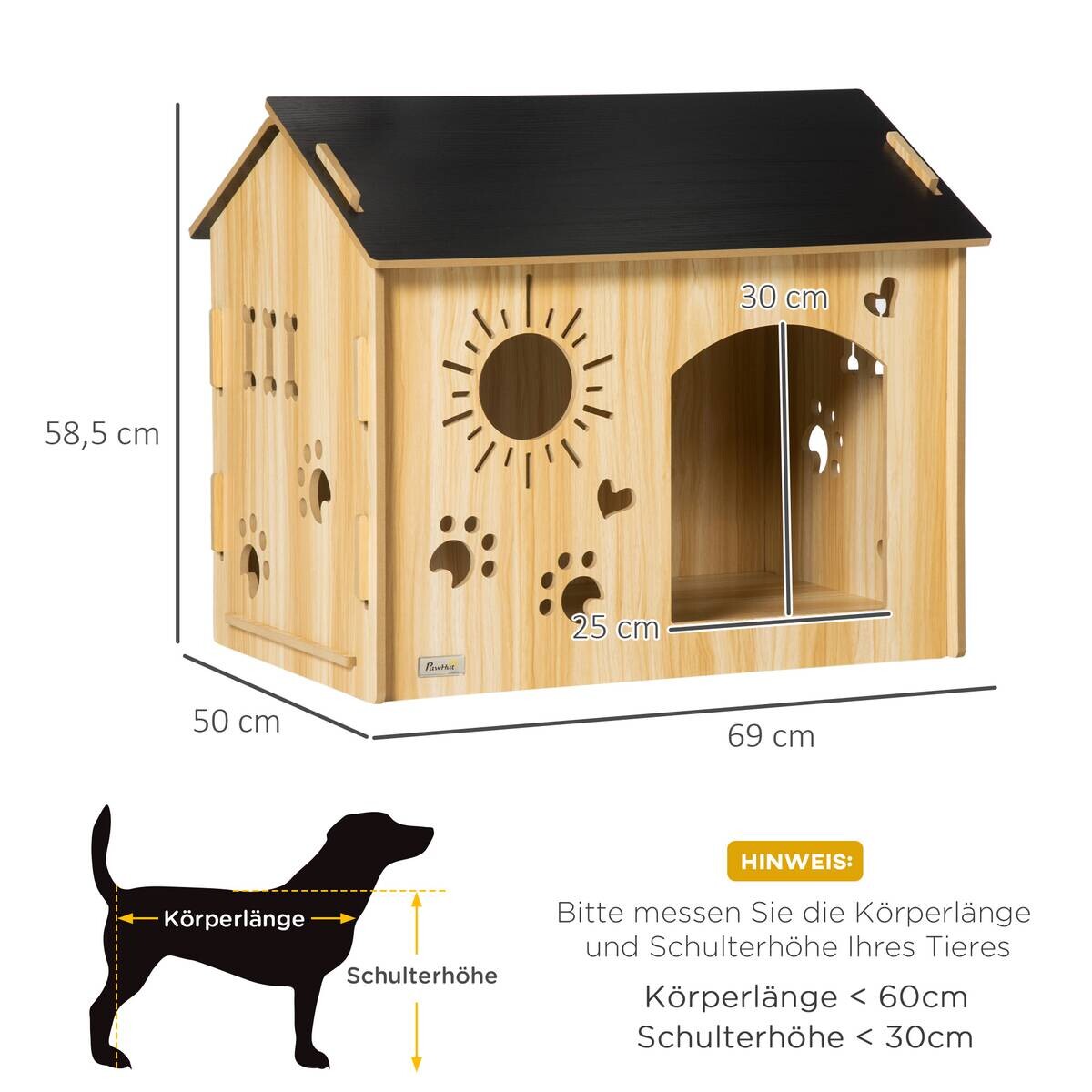 PawHut Hundehütte Eiche MDF B/H/L: ca. 50x58,5x69 cm