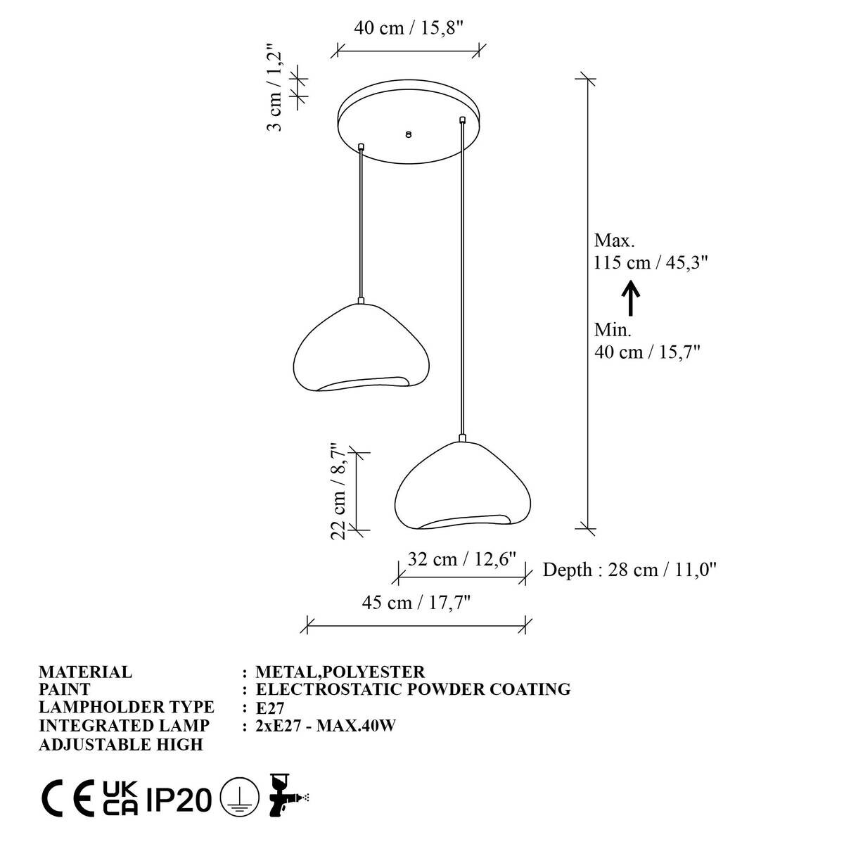 Opviq Pendelleuchte weiß B/H/T: ca. 45x105x45 cm E27 2 Brennstellen