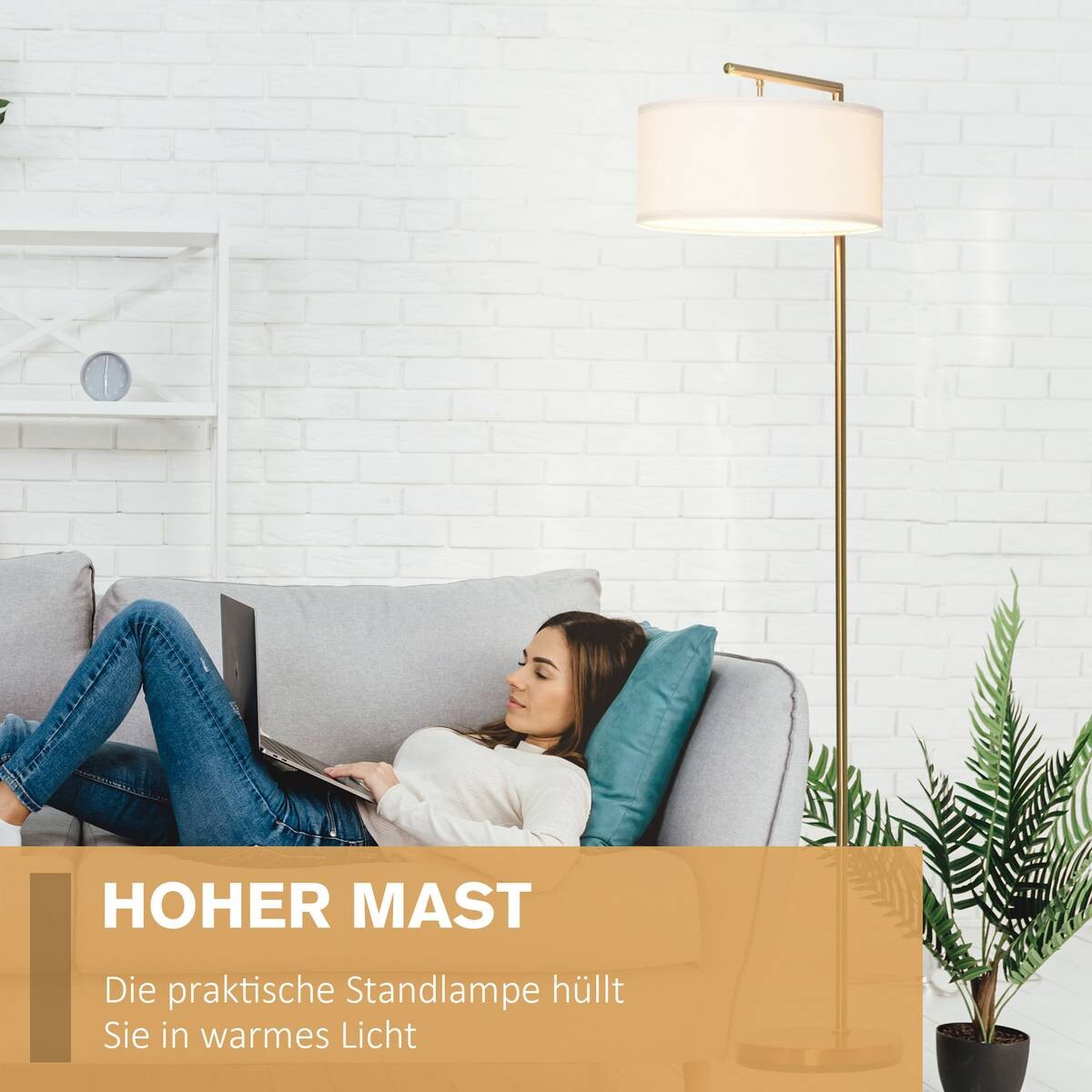 HOMCOM Stehlampe weiß gold Stahl Leinen B/H/T: ca. 37x153x37 cm