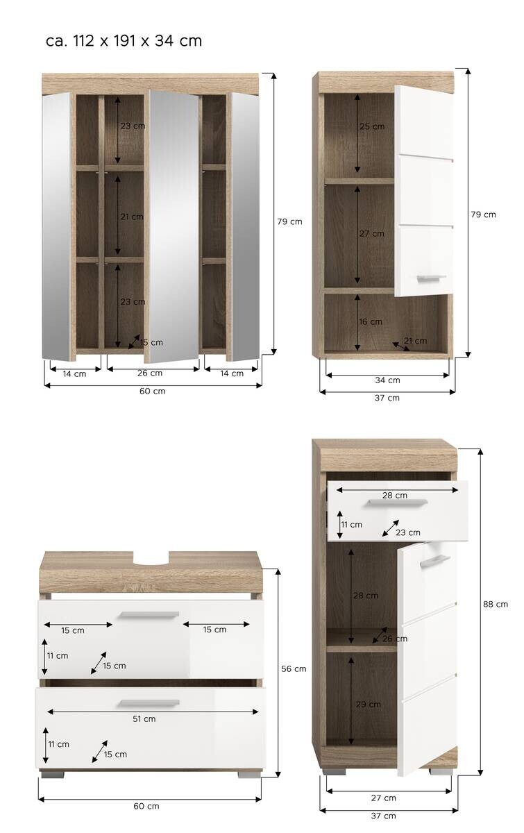 Badezimmer-Set Lambada Eiche Sonoma Nachbildung weiß Hochglanz B/H/T: ca. 112x191x37 cm