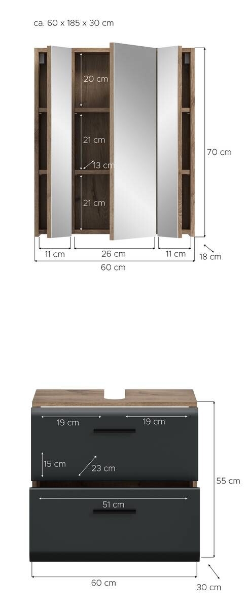 Badezimmer-Set Ice Nox Oak Nachbildung schwarz matt B/H/T: ca. 60x185x30 cm