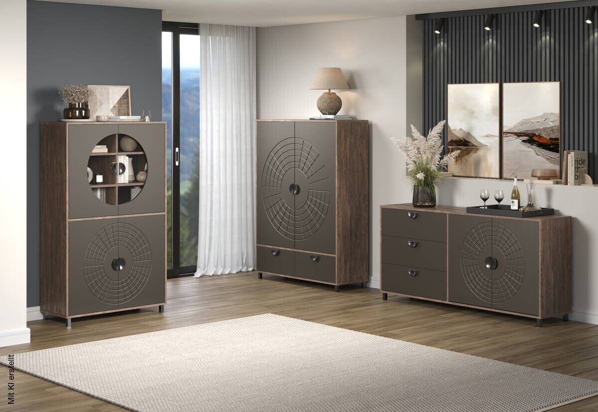 Highboardvitrine Fusion Eiche dunkel Nachbildung bronze Optik B/H/T: ca. 97x163x42 cm