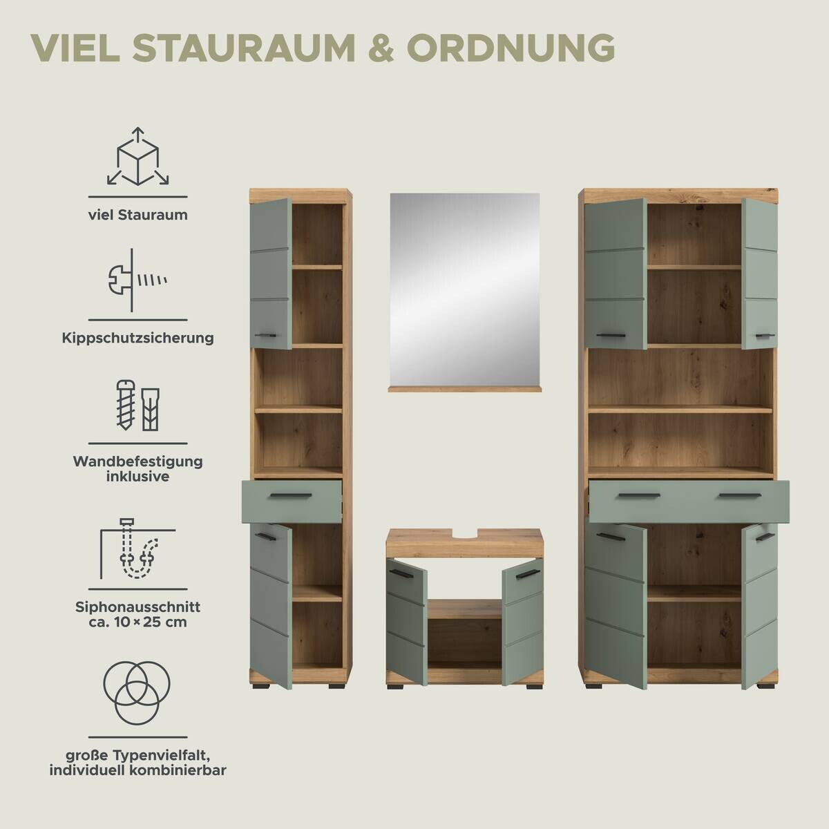 Badezimmer-Set Scout Eiche Artisan Nachbildung salbei Nachbildung B/H/T: ca. 186x191x34 cm