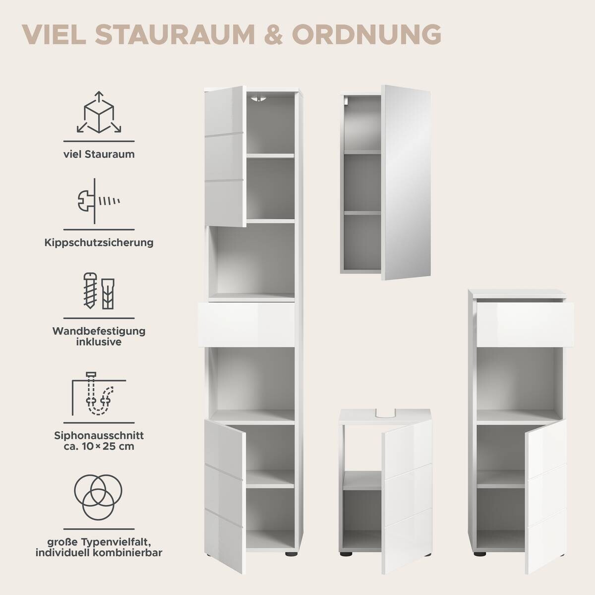 Badezimmer-Set VIRA weiß weiß Hochglanz B/H/T: ca. 144x190x34 cm