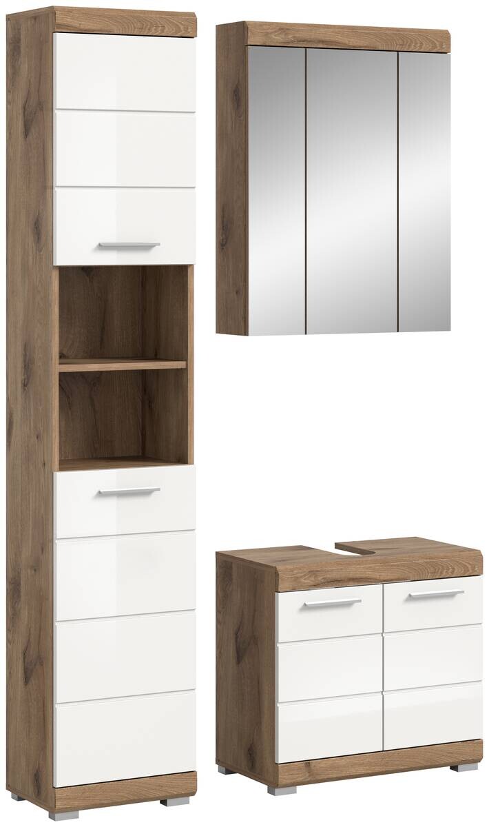Badezimmer-Set Wave weiß Hochglanz Nox Oak Nachbildung B/H/T: ca. 112x191x34 cm