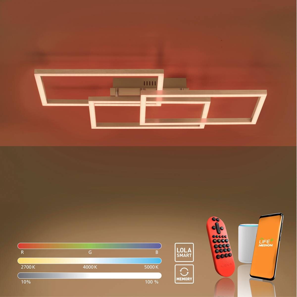 Just Light Smarte LED-Deckenleuchte MAXI 16431-55 stahlfarbig weiß Metall Kunststoff B/H/T: ca. 50x10,5x82 cm 3 Brennstellen