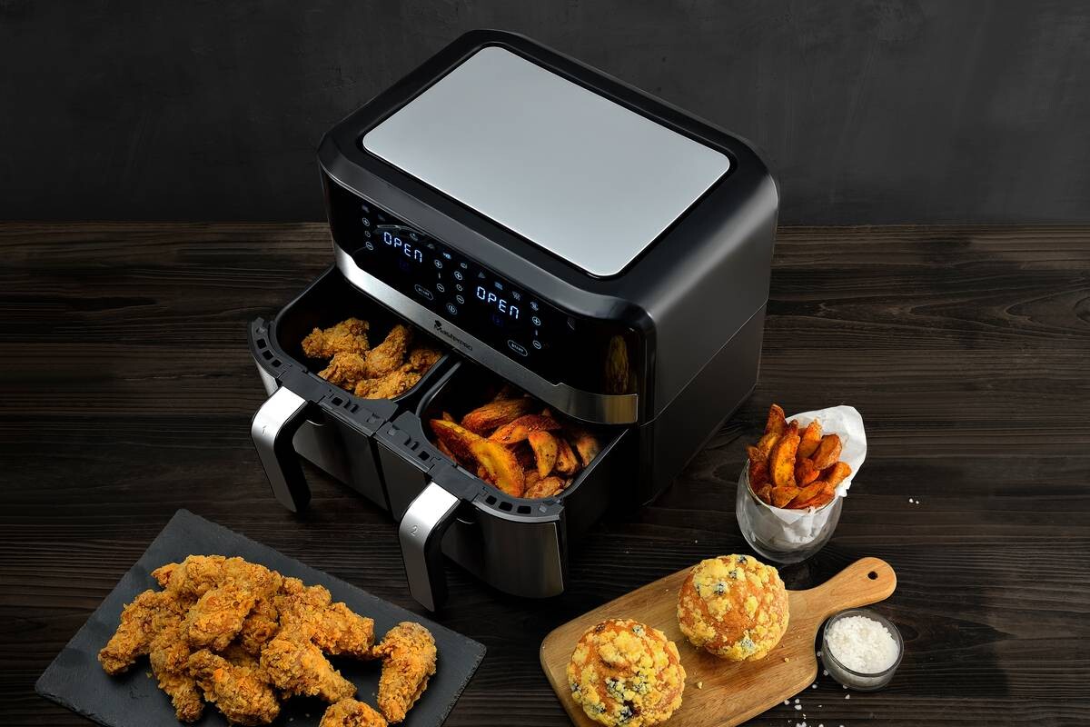 MASTERPRO Heißluftfritteuse Doppelbehälter BGMP-9178-BK silber Metall B/H/T: ca. 45x35,5x38 cm ca. 9 l