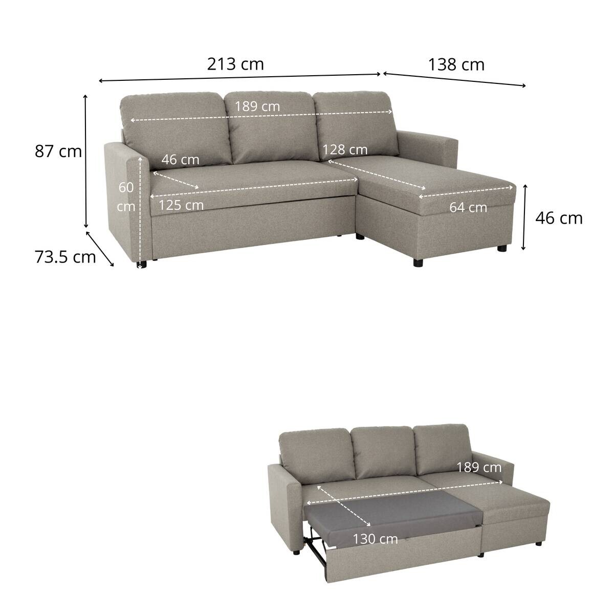 Ecksofa mit Bettfunktion und Bettkasten graubraun Webstoff B/H/T: ca. 213x87x138 cm