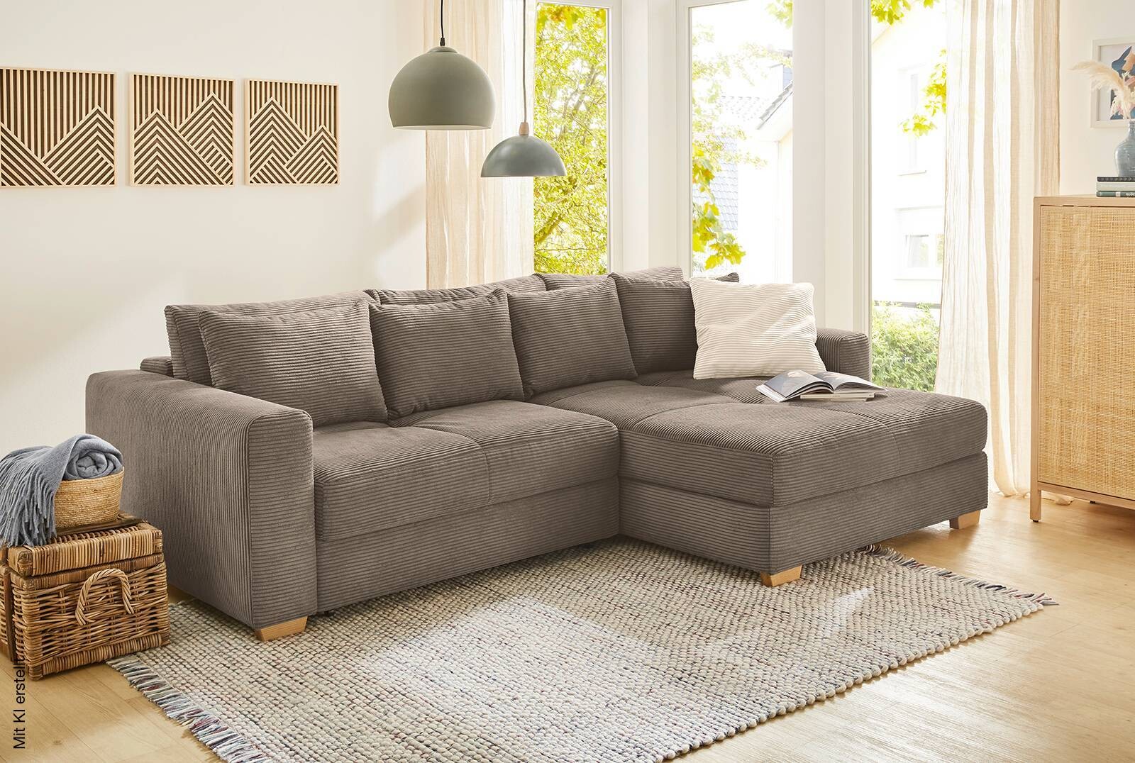 Ecksofa mit Bettfunktion und Bettkasten taupe Velourstoff B/H/T: ca. 288x86x186 cm | beige | taupe | 288,00/86,00/186,00 cm
