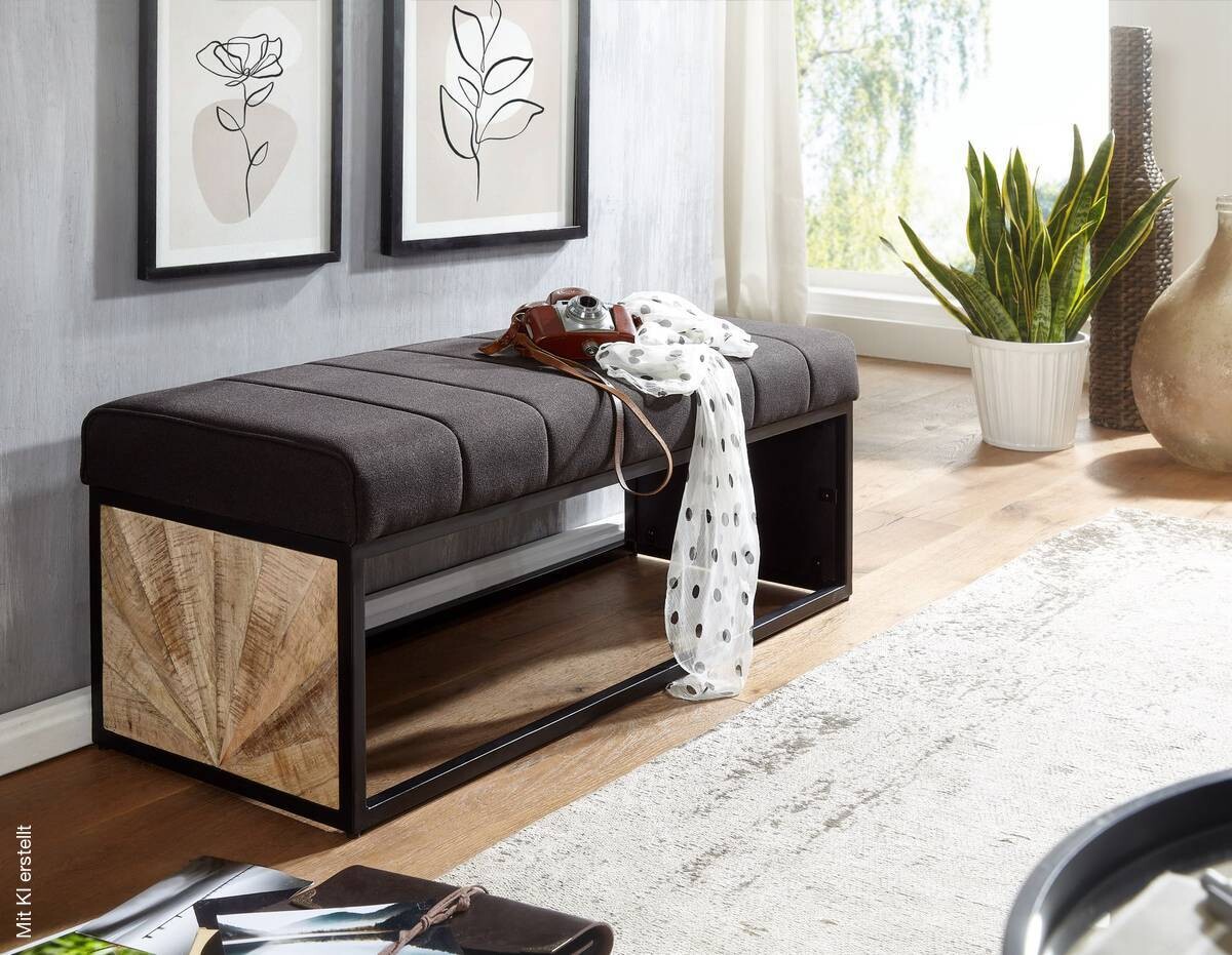 Wohnling Sitzbank dunkelbraun schwarz natur Stoff Eisen Echtholz B/H/T: ca. 105x40x40 cm
