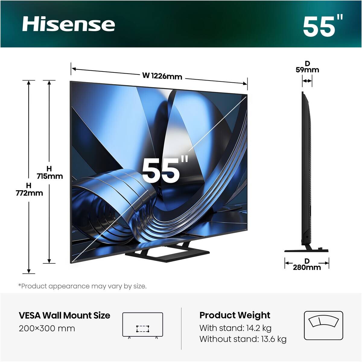 Hisense Mini-LED-Fernseher 55U7SE B/H: ca. 123x77 cm