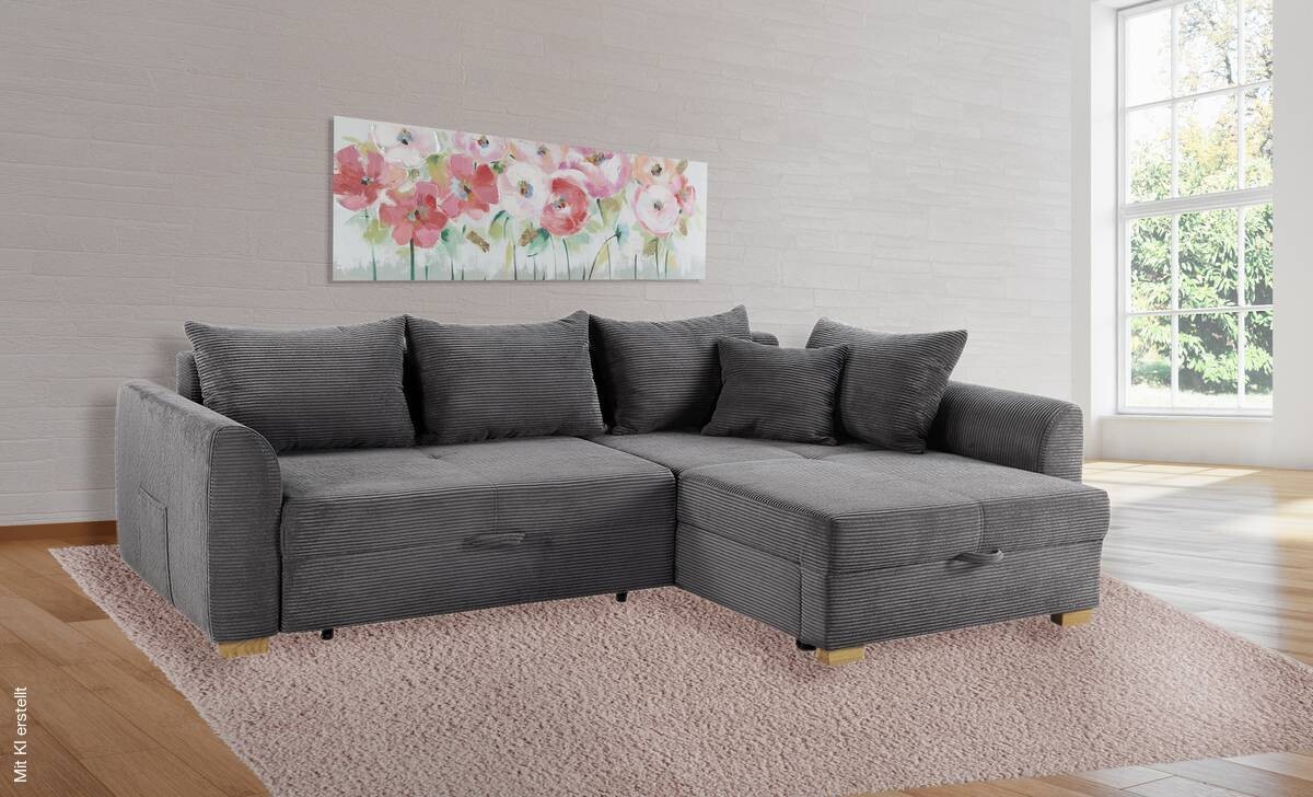Ecksofa mit Bettfunktion und Bettkasten grau Microfaser B/H/T: ca. 236x81x160 cm