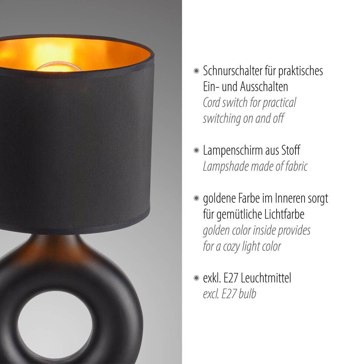 Just Light Tischleuchte Carara schwarz Kunststoff Stoff Keramik H/L/D: ca. 30x16x16 cm null 1 Brennstellen