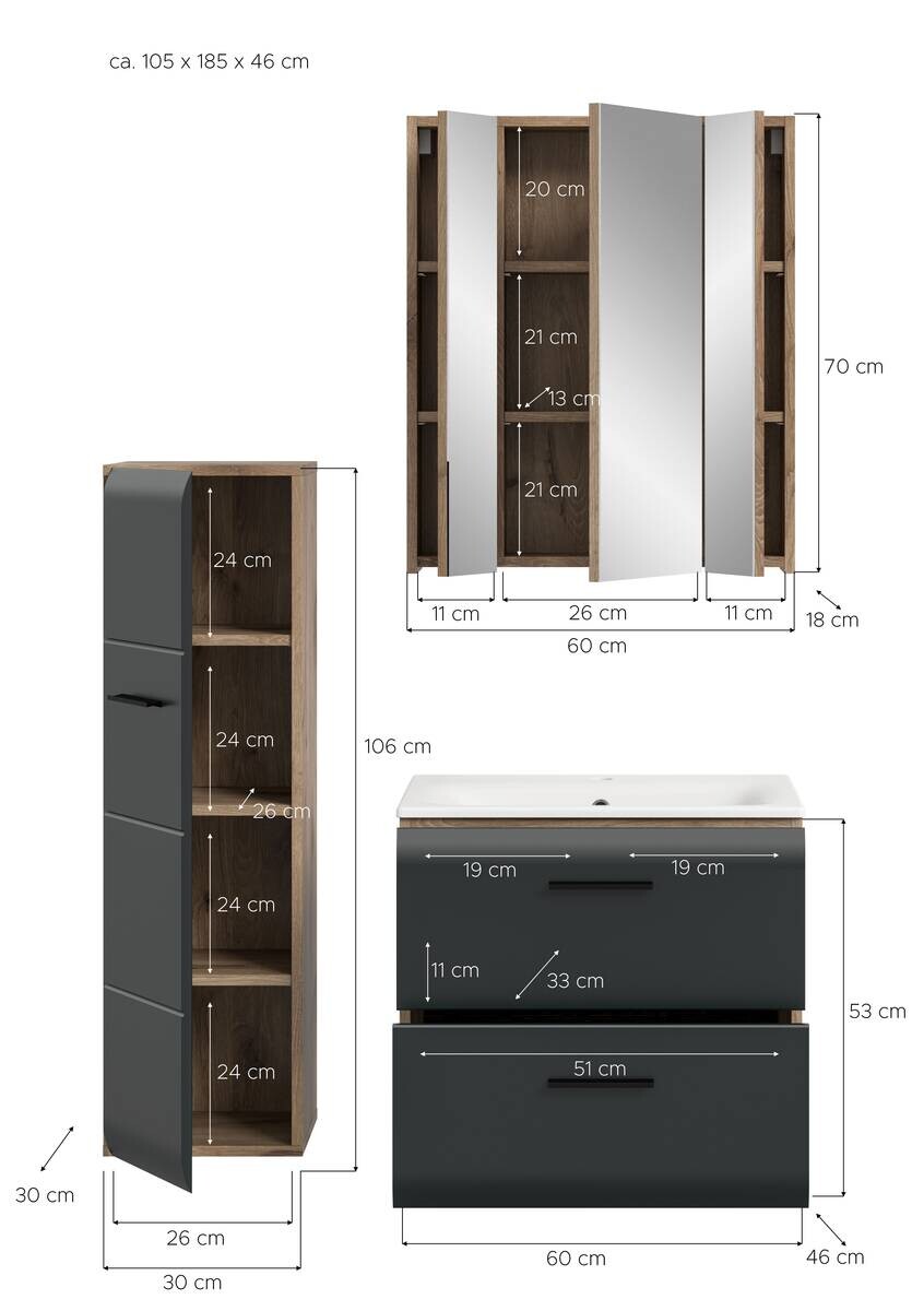Badezimmer-Set Ice Nox Oak Nachbildung schwarz matt B/H/T: ca. 105x185x46 cm