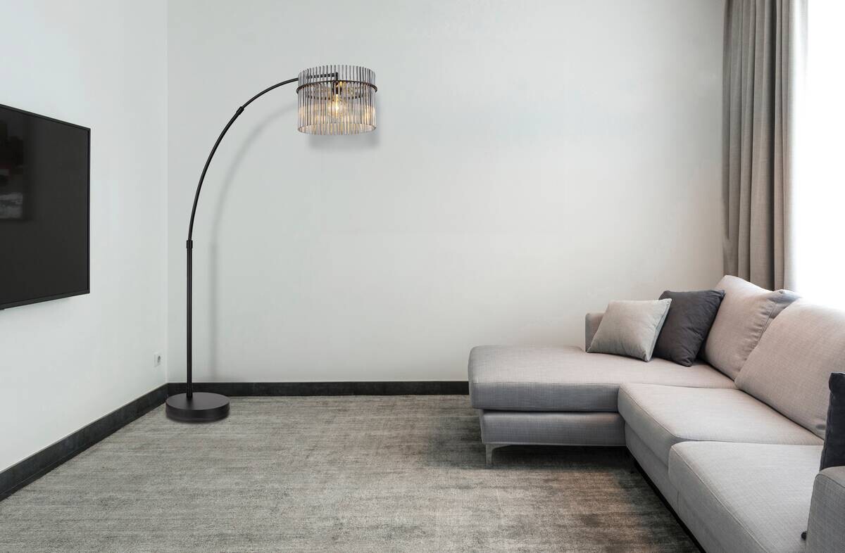 GLOBO Stehlampe mattschwarz Rauch Metall Glas B/H/L: ca. 38x185x120 cm E27 1 Brennstellen