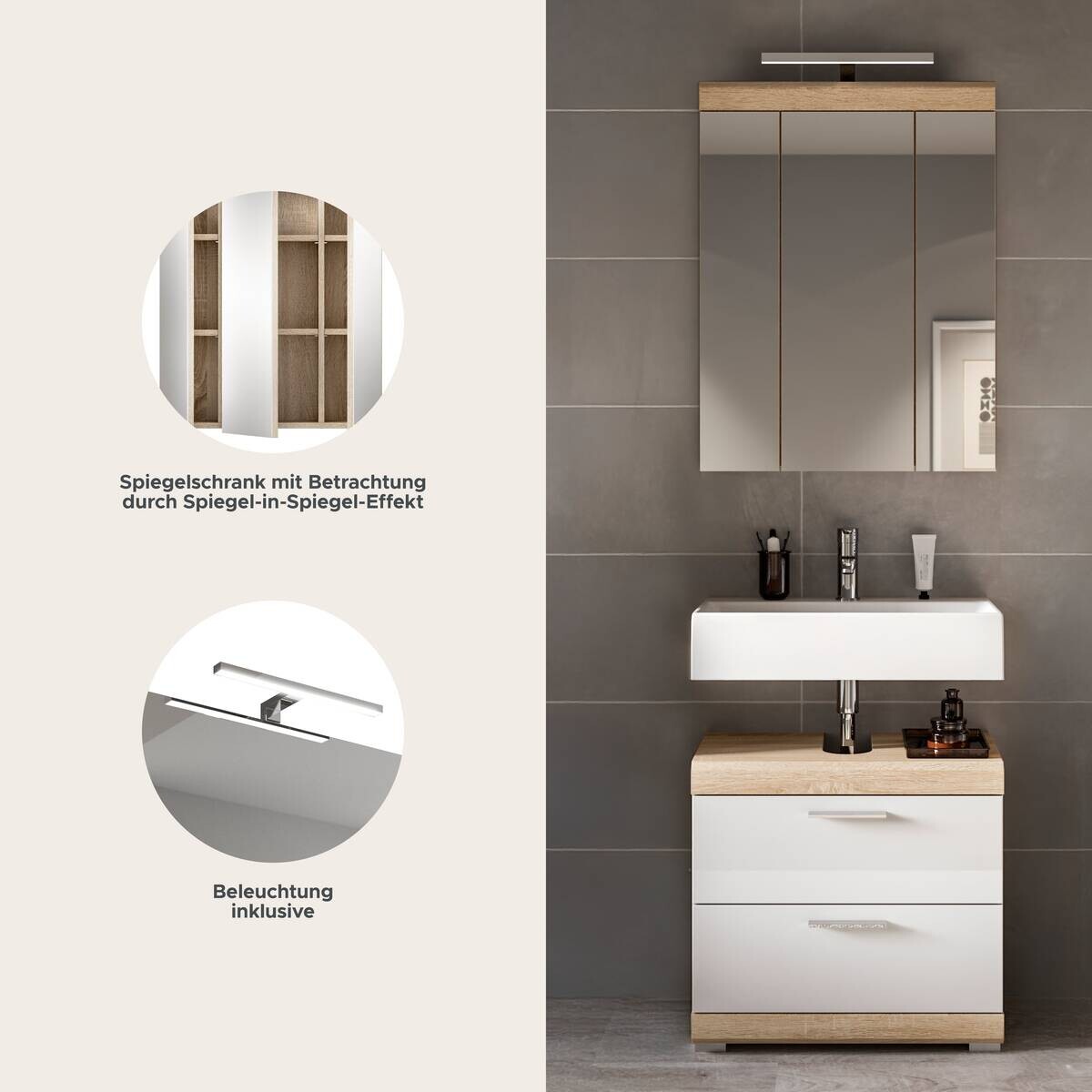 Badezimmer-Set Lambada Eiche Sonoma Nachbildung weiß Hochglanz B/H/T: ca. 60x191x37 cm