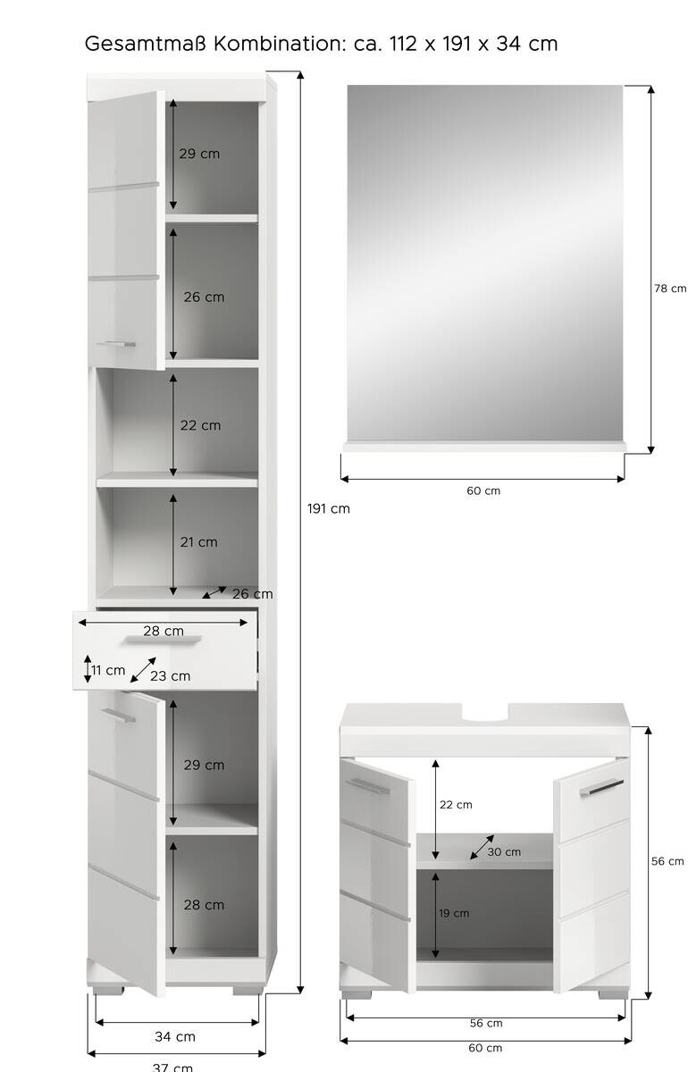 Badezimmer-Set Scout weiß weiß Hochglanz B/H/T: ca. 112x191x34 cm