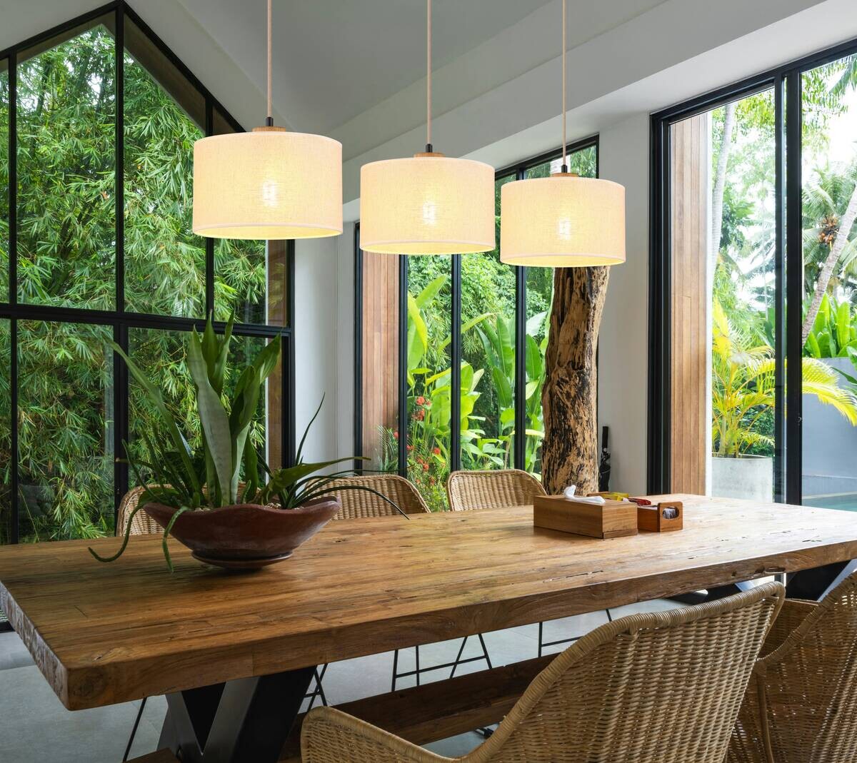 GLOBO Pendelleuchte Jule braun Holz Leinen B/H/L: ca. 25x120x100 cm E27 3 Brennstellen