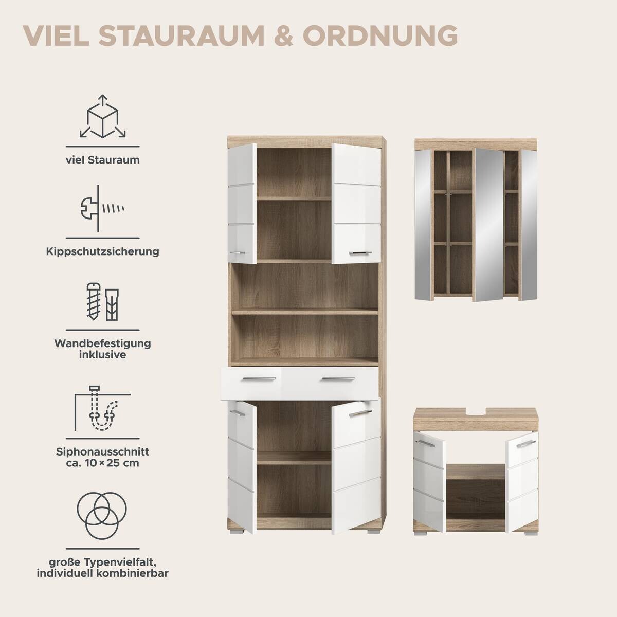 Badezimmer-Set Lambada Eiche Sonoma Nachbildung weiß Hochglanz B/H/T: ca. 149x34x191 cm