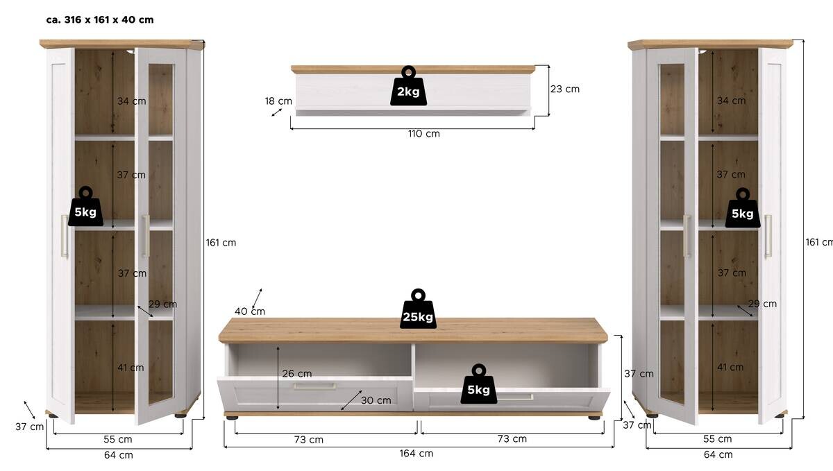 Wohnwand VERONA Lärche Nachbildung Eiche Nachbildung B/H/T: ca. 316x161x40 cm