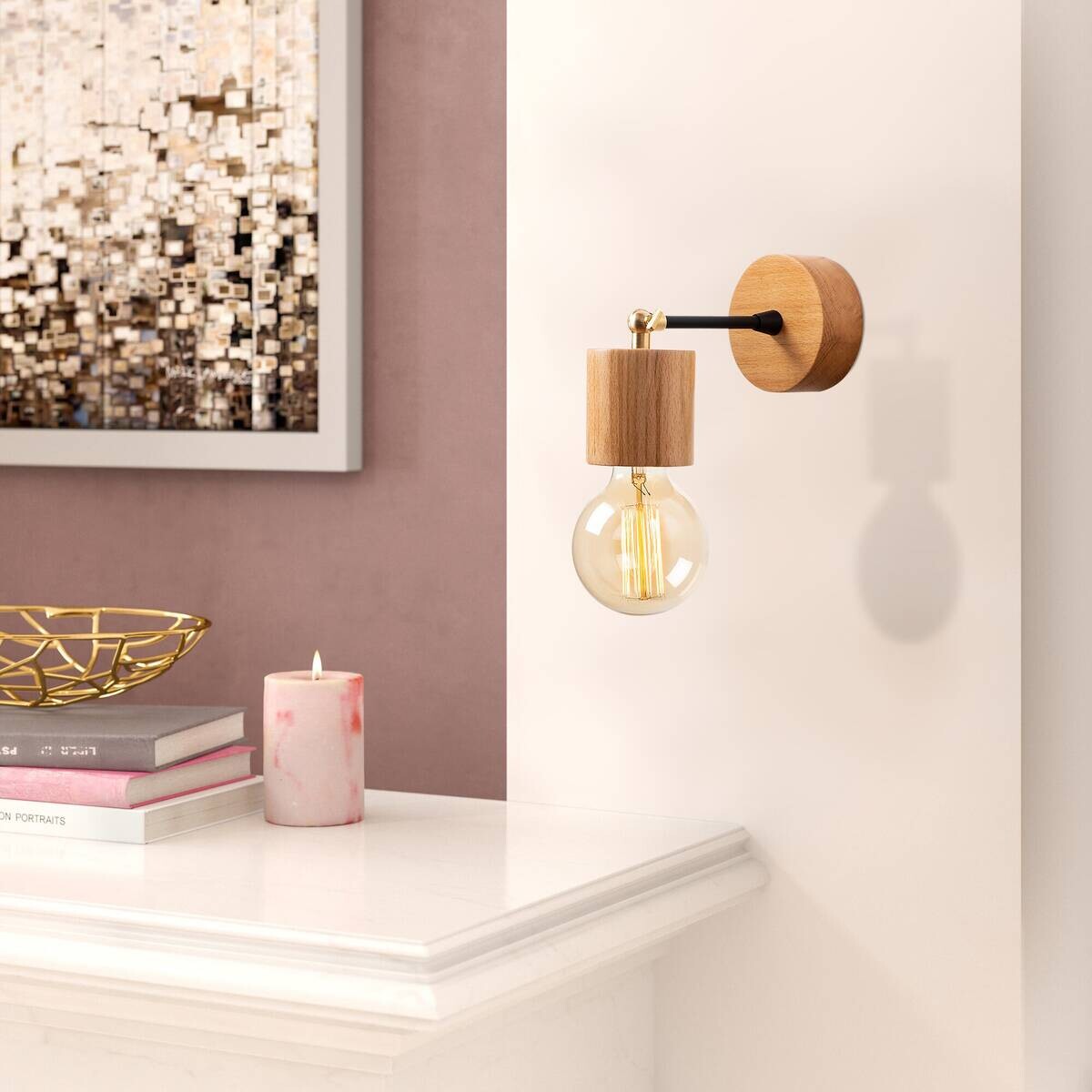 Opviq Wandleuchte Xanthos natur Holz B/H/T/L/D: ca. 10x16x10x10x10 cm E27 1 Brennstellen