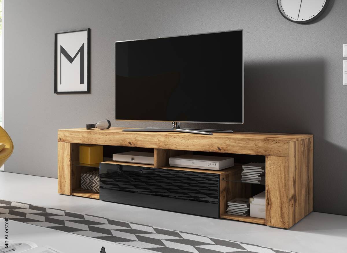 TV-Lowboard TV LOWBOARD Everest 140 Eiche Wotan Nachbildung schwarz glänzend B/H/T: ca. 140x50x35 cm