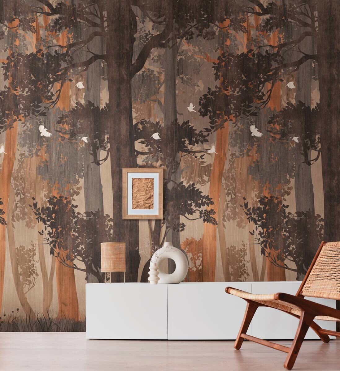 Livingwalls Fototapete Wald orange beige blau B/L: ca. 280x159 cm