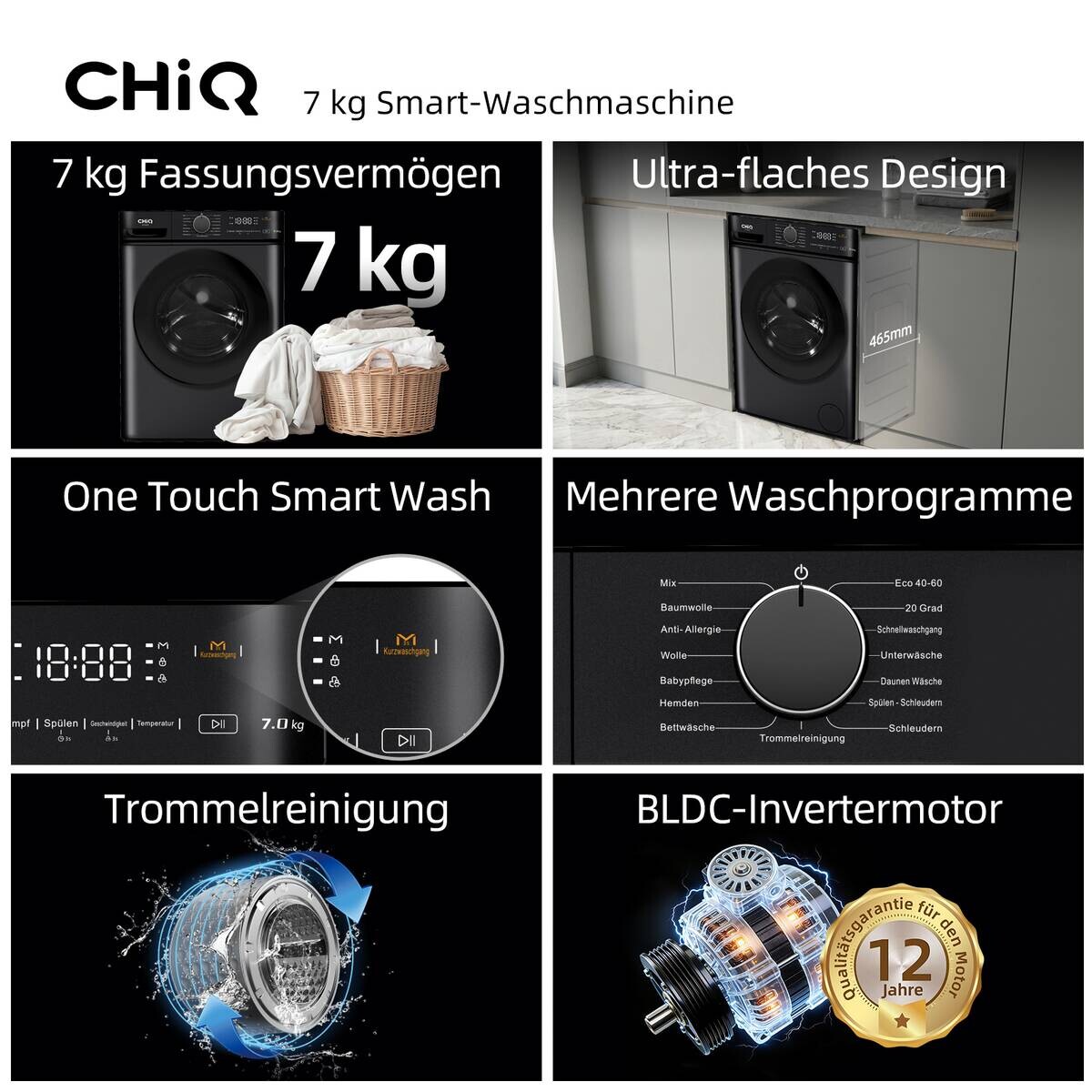ChiQ Waschmaschine PW73863B schwarz B/H/T: ca. 60x85x46,5 cm ca. 7 kg