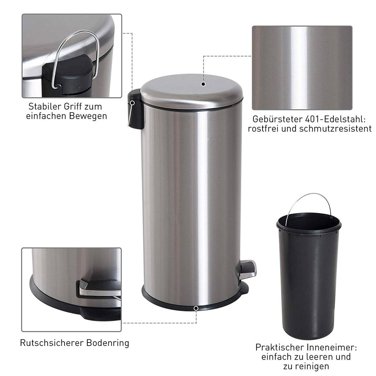 HOMCOM Pedal-Mülleimer silber H/D: ca. 62,9x29,2 cm