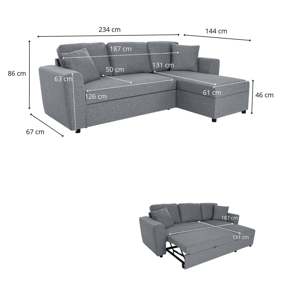 Ecksofa mit Bettfunktion und Bettkasten grau Webstoff B/H/T: ca. 234x86x144 cm