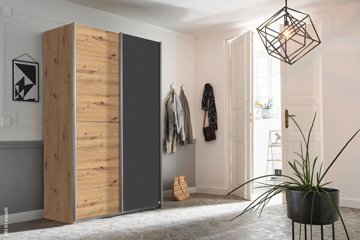 Schwebetürenschrank Quadra Eiche Artisan grau B/H/T: ca. 136x210x57 cm
