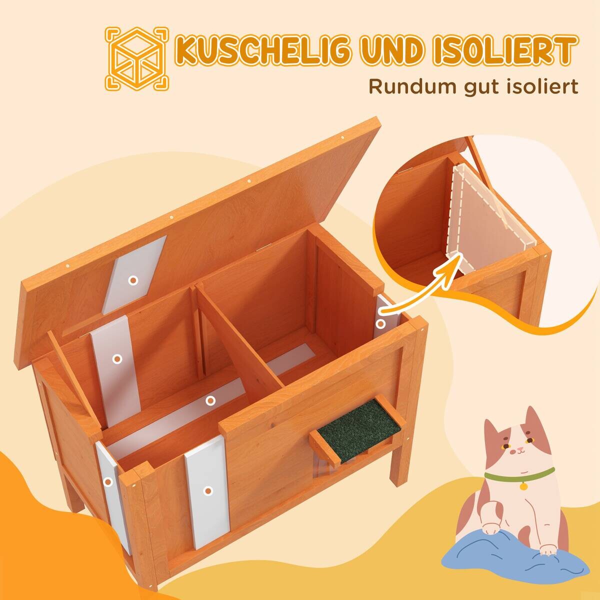 PawHut Katzenhütte orange Holz B/H/L: ca. 50x68,5x85 cm