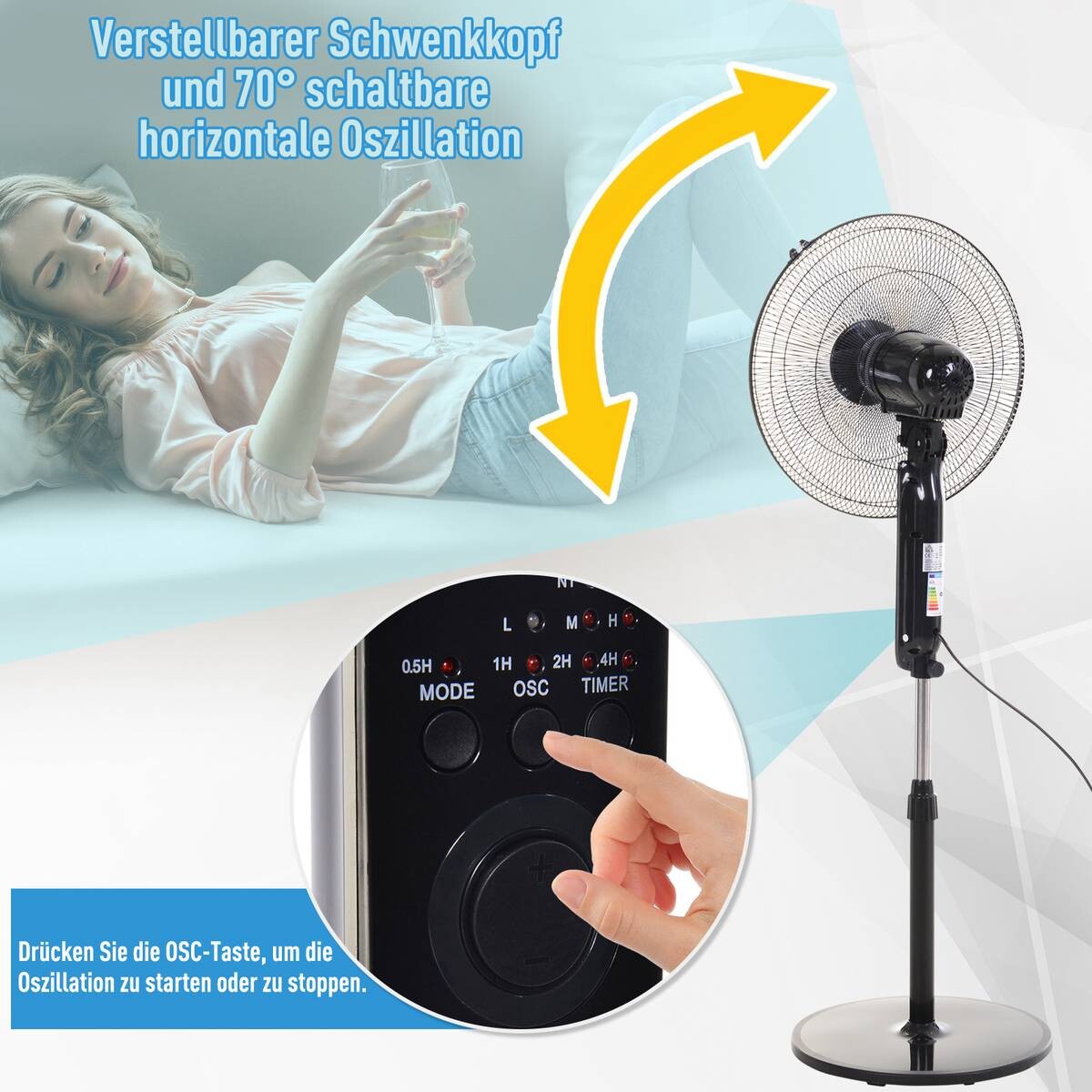HOMCOM Standventilator mit Fernbedienung schwarz Metall Kunststoff H/D: ca. 124x45 cm