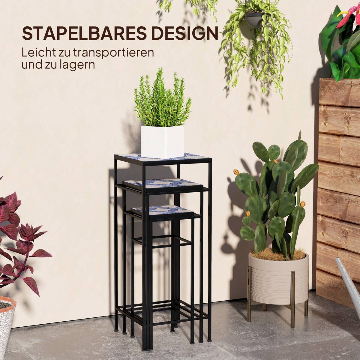 Outsunny Pflanzenständer 3er Set blau Metall B/H/L: ca. 28x71x28 cm