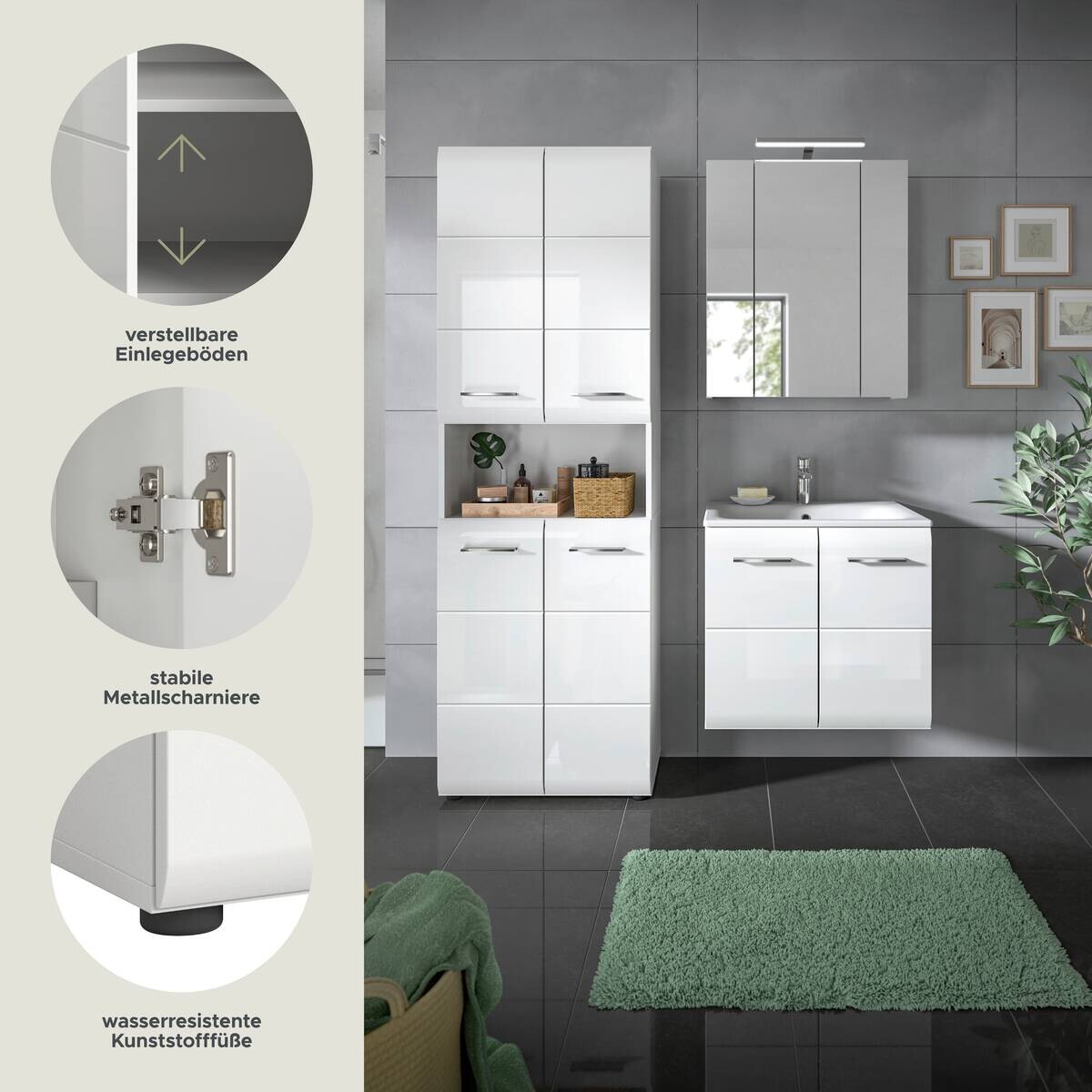 Badezimmer-Set Ice weiß weiß Hochglanz B/H/T: ca. 135x185x46 cm