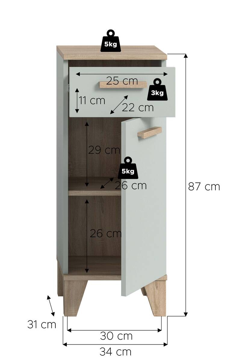 Badkommode STAR hellgrün Eiche hell Nachbildung B/H/T: ca. 34x87x31 cm