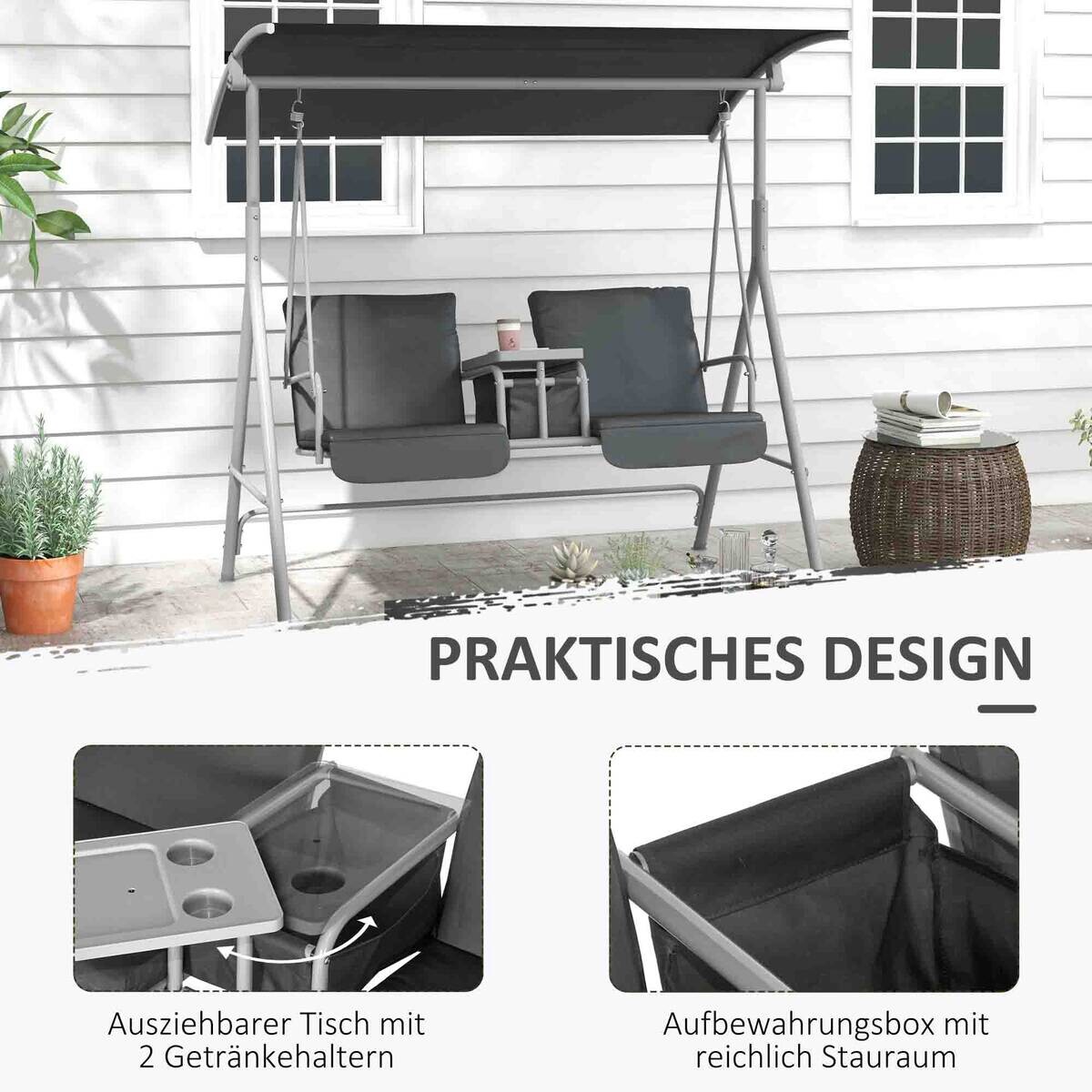Outsunny Hollywoodschaukel schwarz Metall B/H/L: ca. 110x165x175 cm