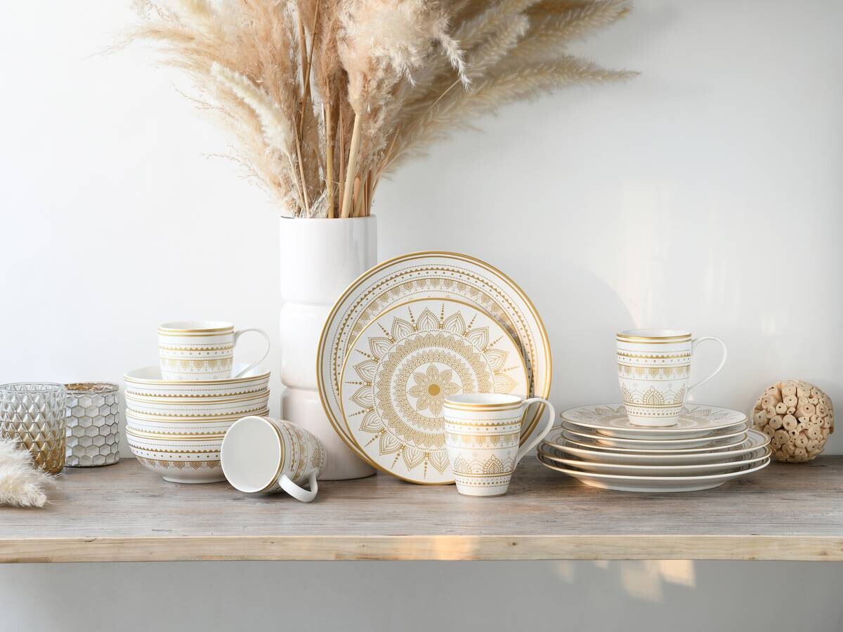 CreaTable Kombiservice MANDALA GOLD weiß Steinzeug 16 tlg.