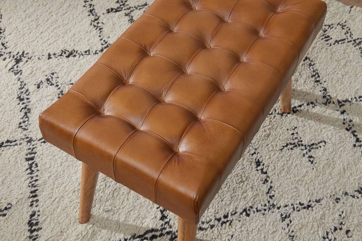 Wohnling Sitzhocker braun natur Leder Echtholz B/H/T: ca. 67x47x39 cm