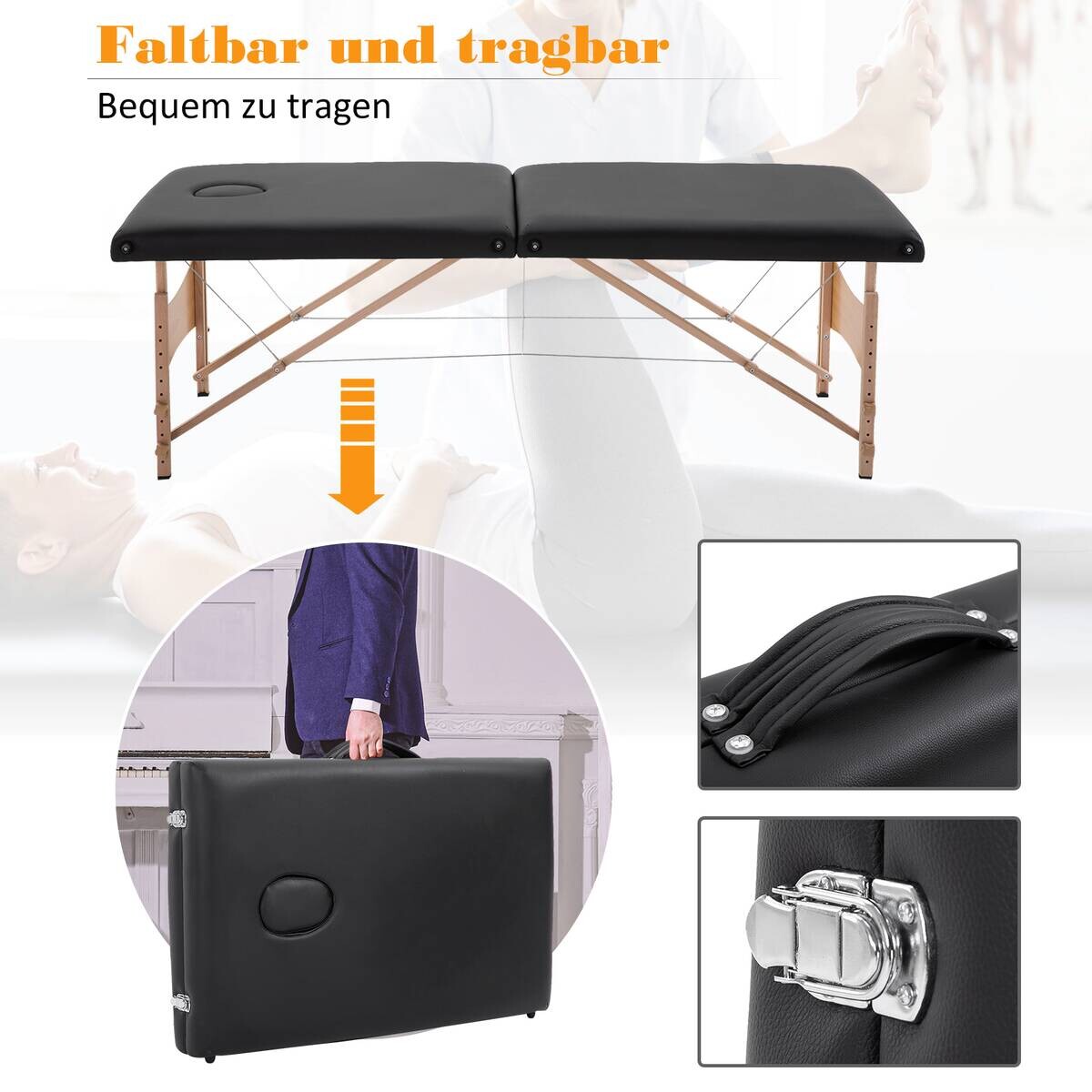 HOMCOM Massageliege schwarz Holz B/H/L: ca. 60x186x58 cm